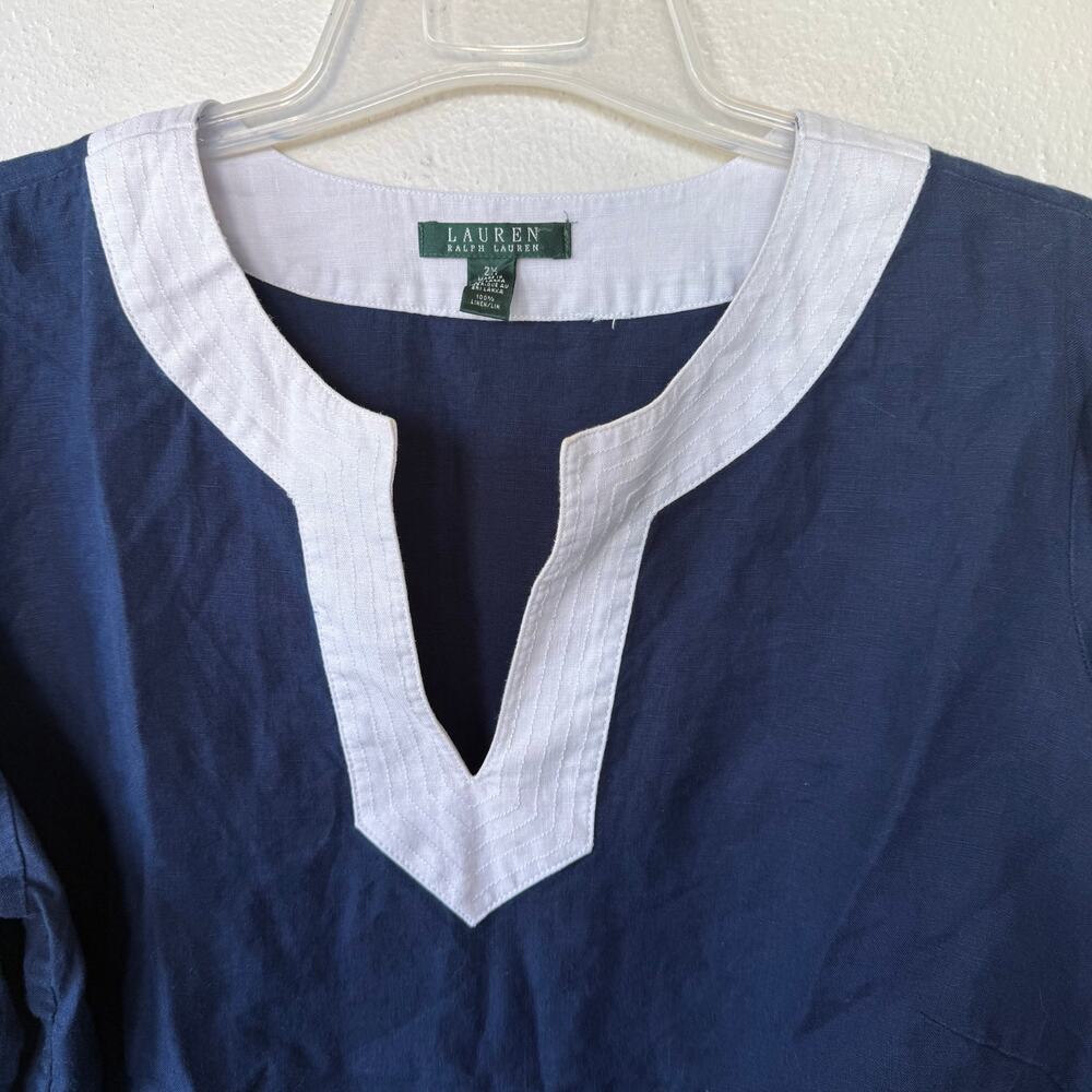 Lauren Ralph Lauren Linen Roll Tab Tunic Blouse size 2X Navy Blue White - Picture 7 of 10